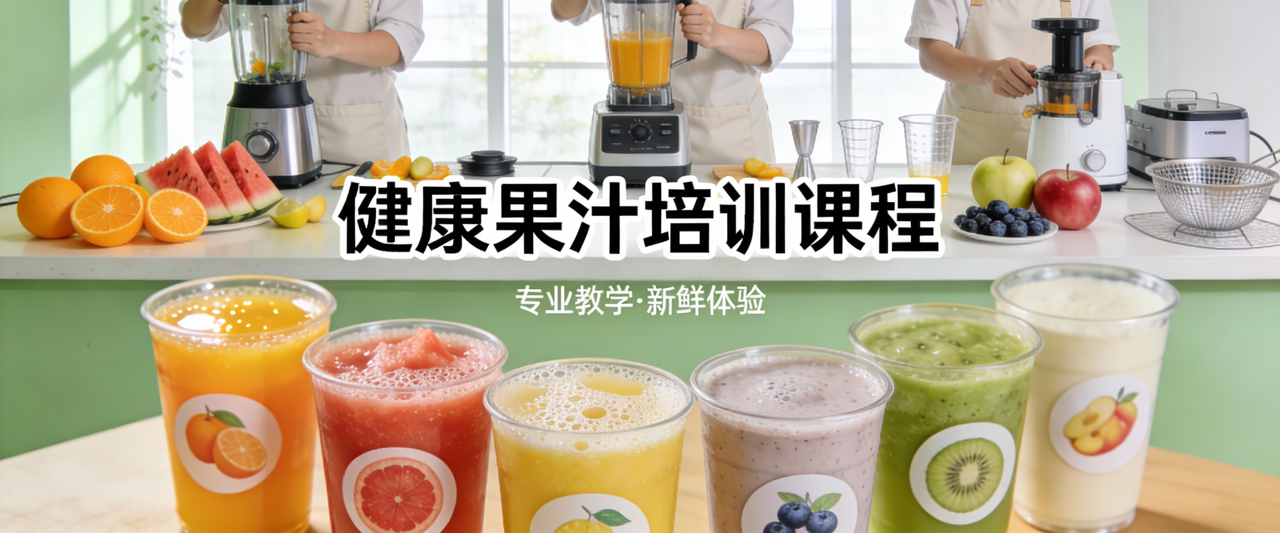 健康果汁培训场景，明亮清新的饮品教室，学员操作榨汁机和破壁机
