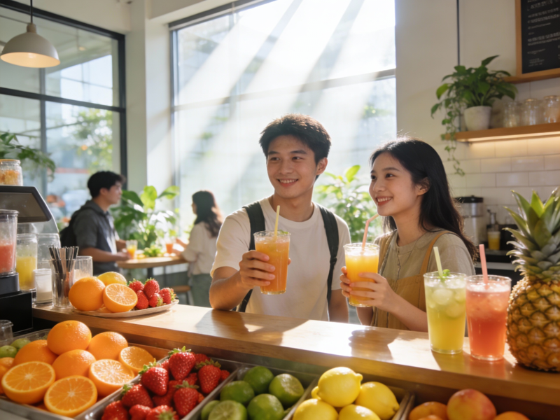 健康饮品店场景，年轻顾客手持新鲜果汁，展现健康生活方式
