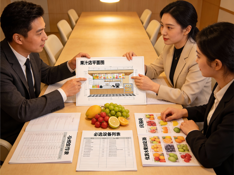 果汁创业扶持服务场景，专业顾问与学员讨论开店计划