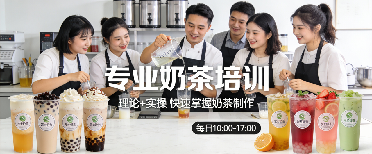 专业奶茶店培训场景，明亮现代的奶茶制作教室，网红奶茶展示