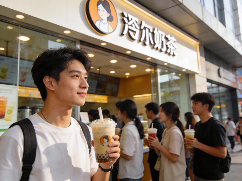 繁华商业街奶茶店门前排队场景，展现奶茶市场火爆景象