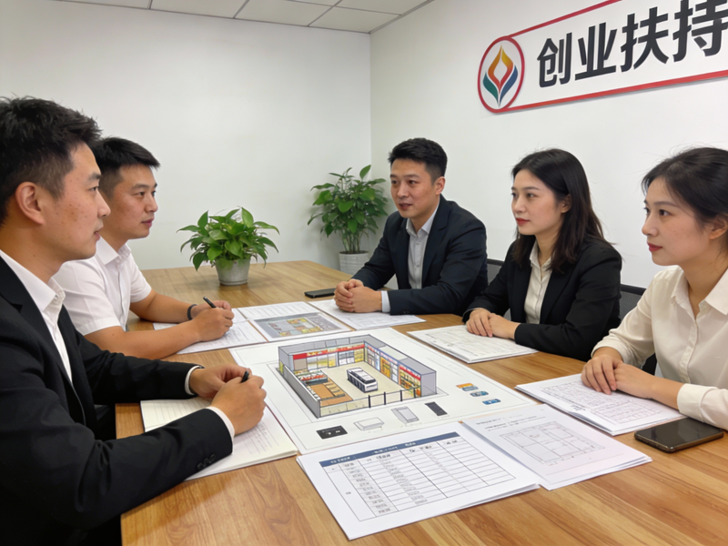 创业扶持服务场景，专业顾问团队与学员讨论开店计划